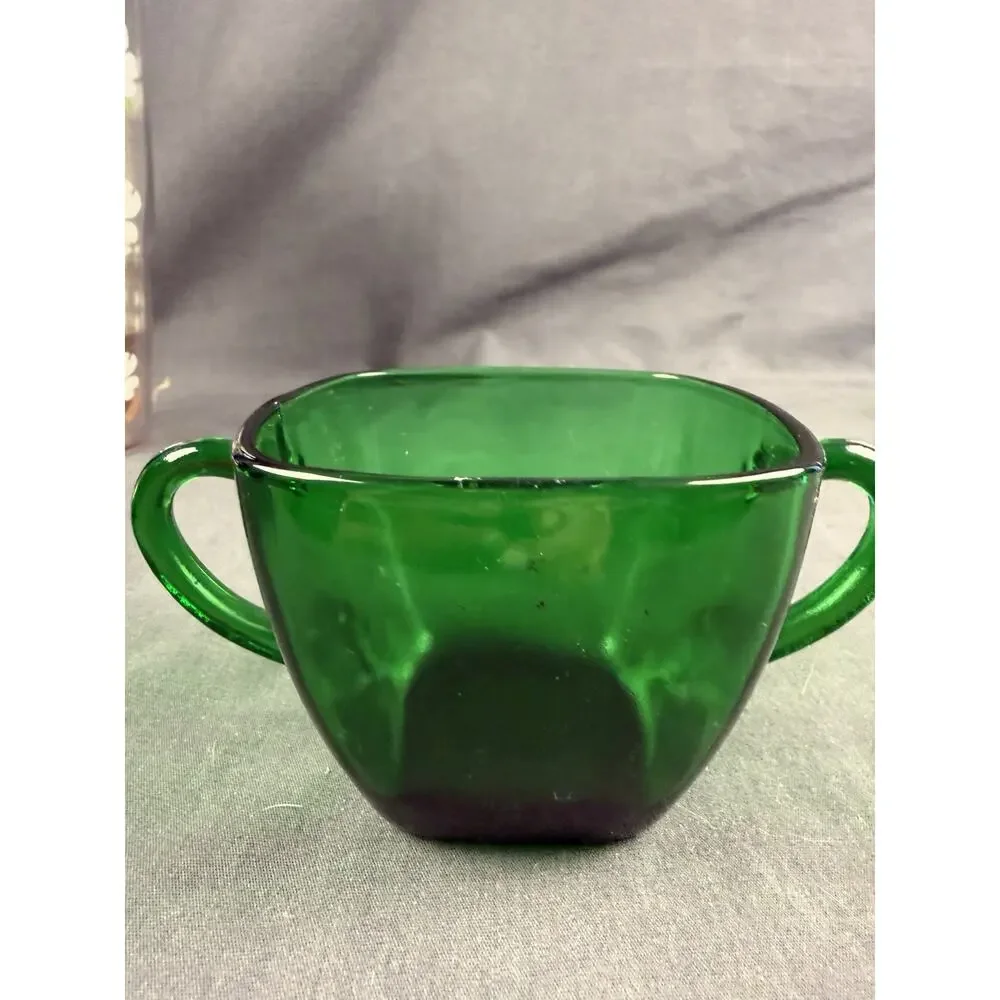 Anchor Hocking Charm Forest Green Glass Sugar Bowl and Creamer Set - 2 Pcs.